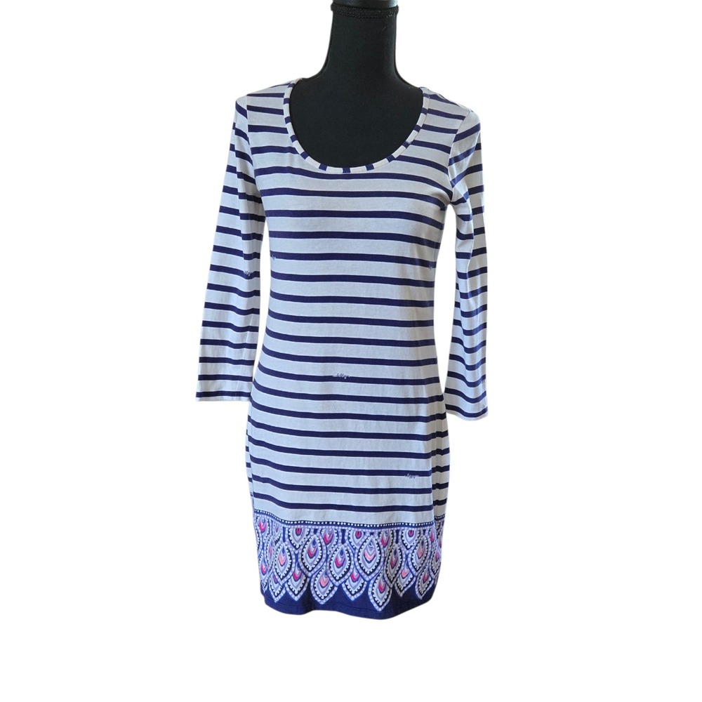 Lilly Pulitzer XS Navy White Striped Paisley Border Cotton 3/4 Sleeve Dress